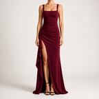 Marla | Womens Wedding Guest Strapless Backless High Slit Maxi Dress, Burgundy