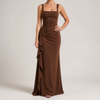 Marla | Womens Wedding Guest Strapless Backless High Slit Maxi Dress, Brown