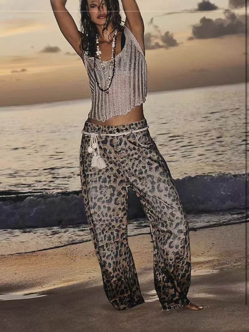Marlena | Womens Leopard Print High Waisted Straight Leg Denim Jeans