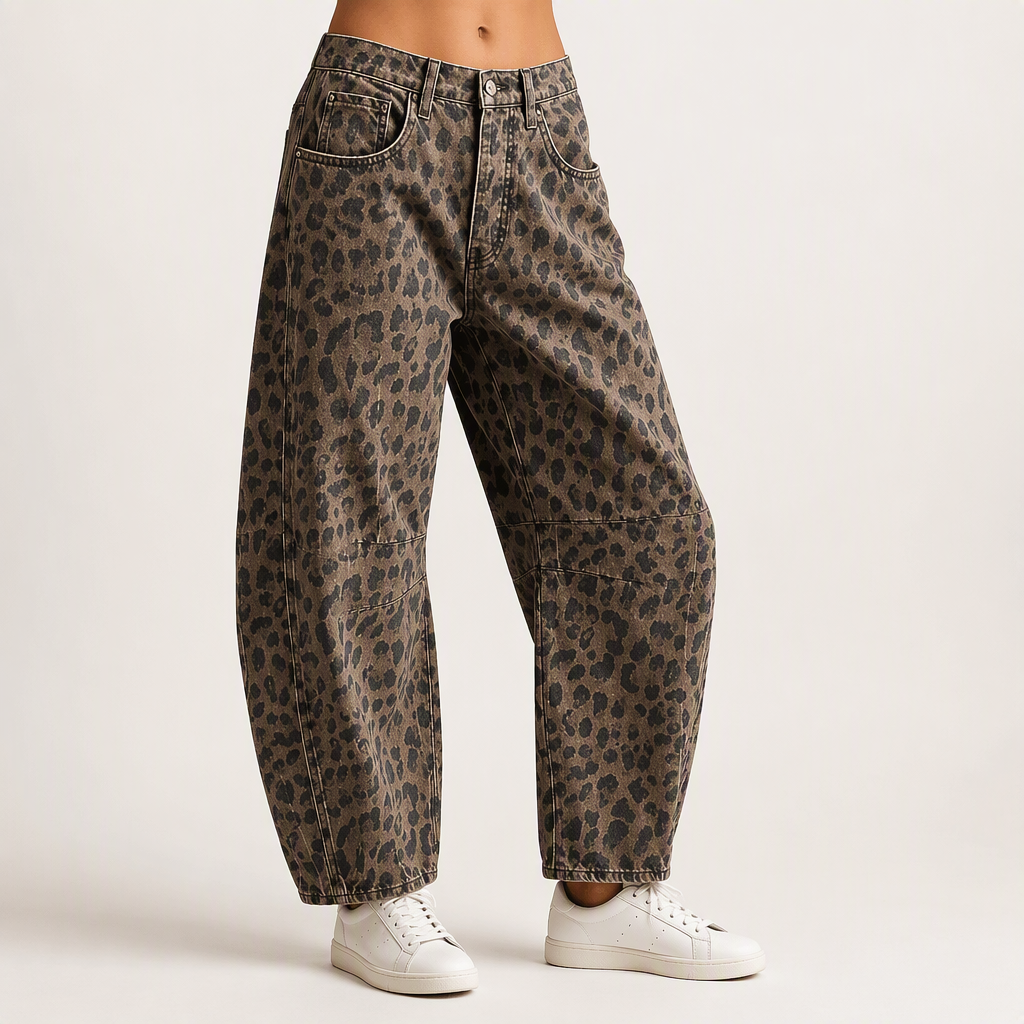 Marlena | Womens Leopard Print High Waisted Straight Leg Denim Jeans, Leopard
