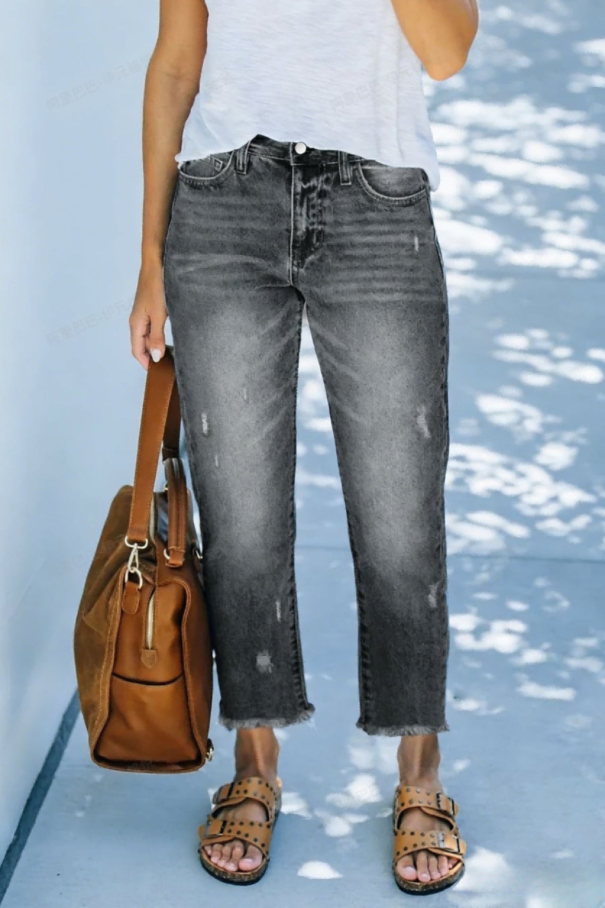 Marlow | Womens Straight Leg Frayed Hem Cropped Denim Stretch Jeans - Grey