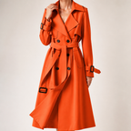 Marnie | Womens Mid Length Lapel Trench Black Long Green Coat, Orange Red