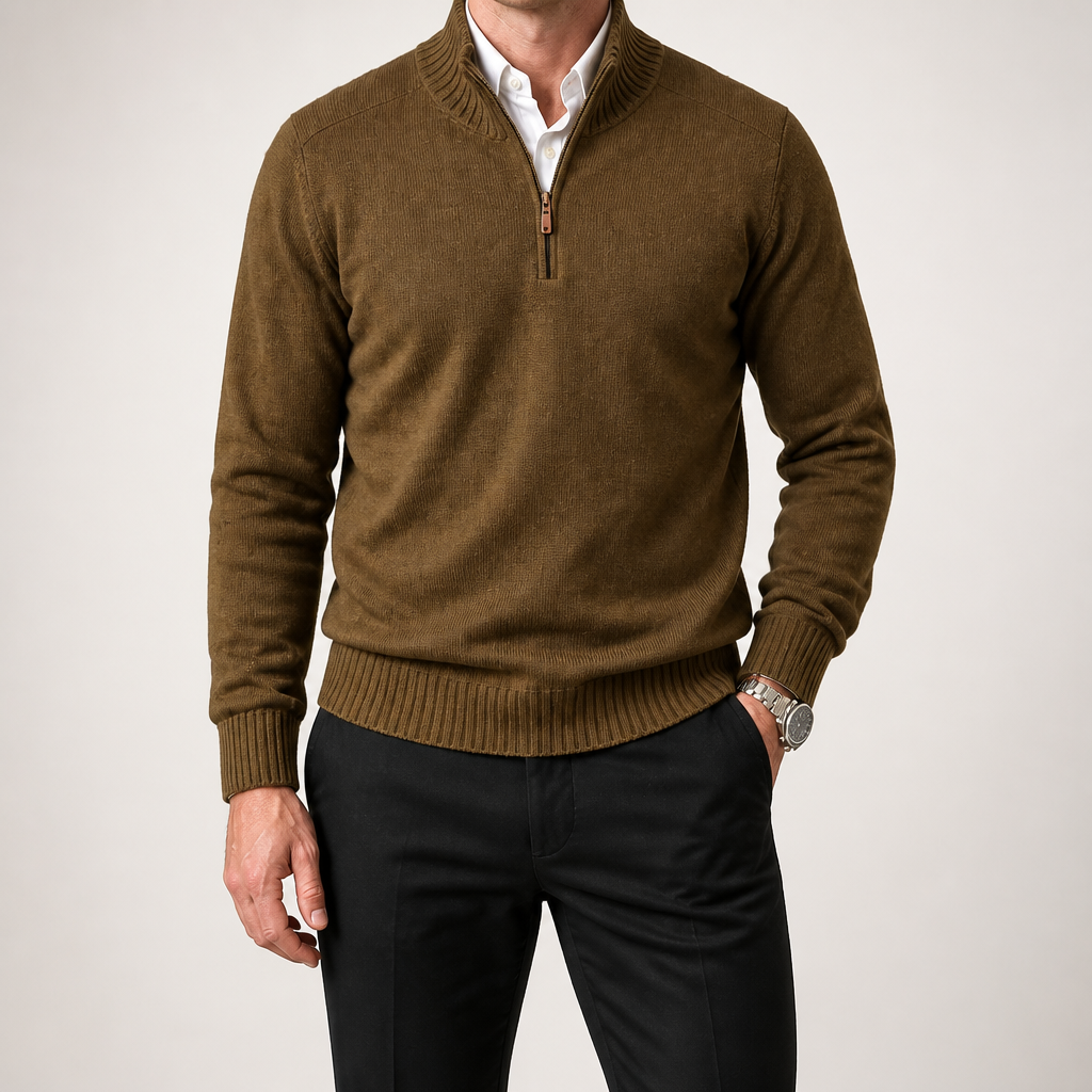 Martin | Mens Knit Sweater Stand Collar Warm Winter Casual Pullover, Coffee