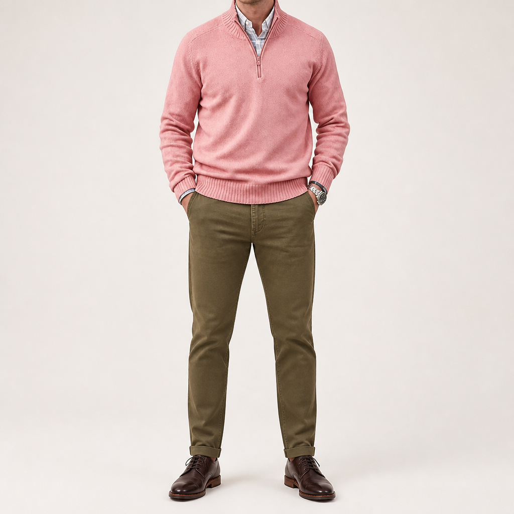 Martin | Mens Knit Sweater Stand Collar Warm Winter Casual Pullover, Pink