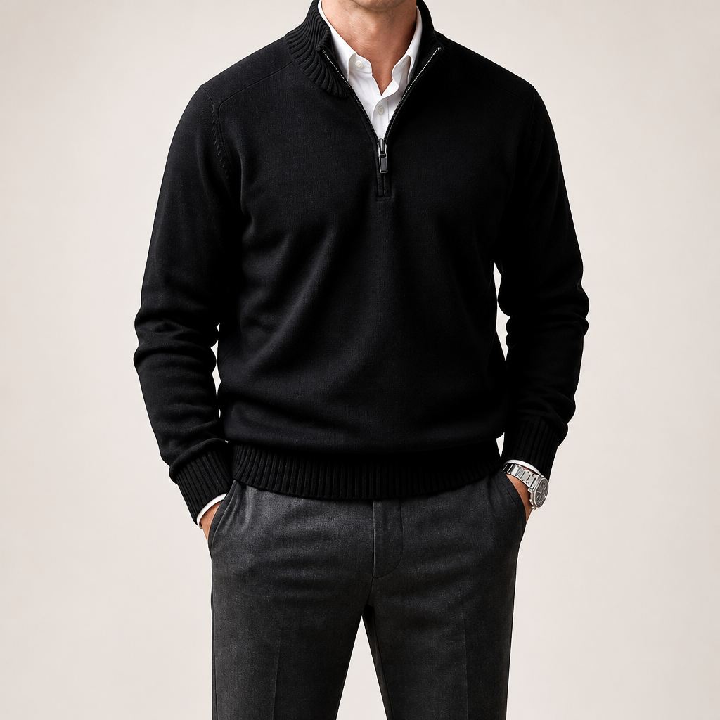 Martin | Mens Knit Sweater Stand Collar Warm Winter Casual Pullover, Black