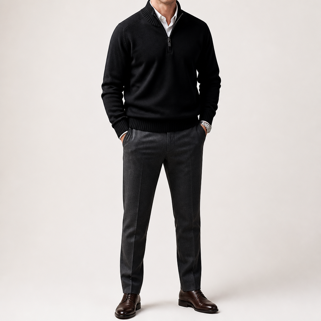Martin | Mens Knit Sweater Stand Collar Warm Winter Casual Pullover, Black
