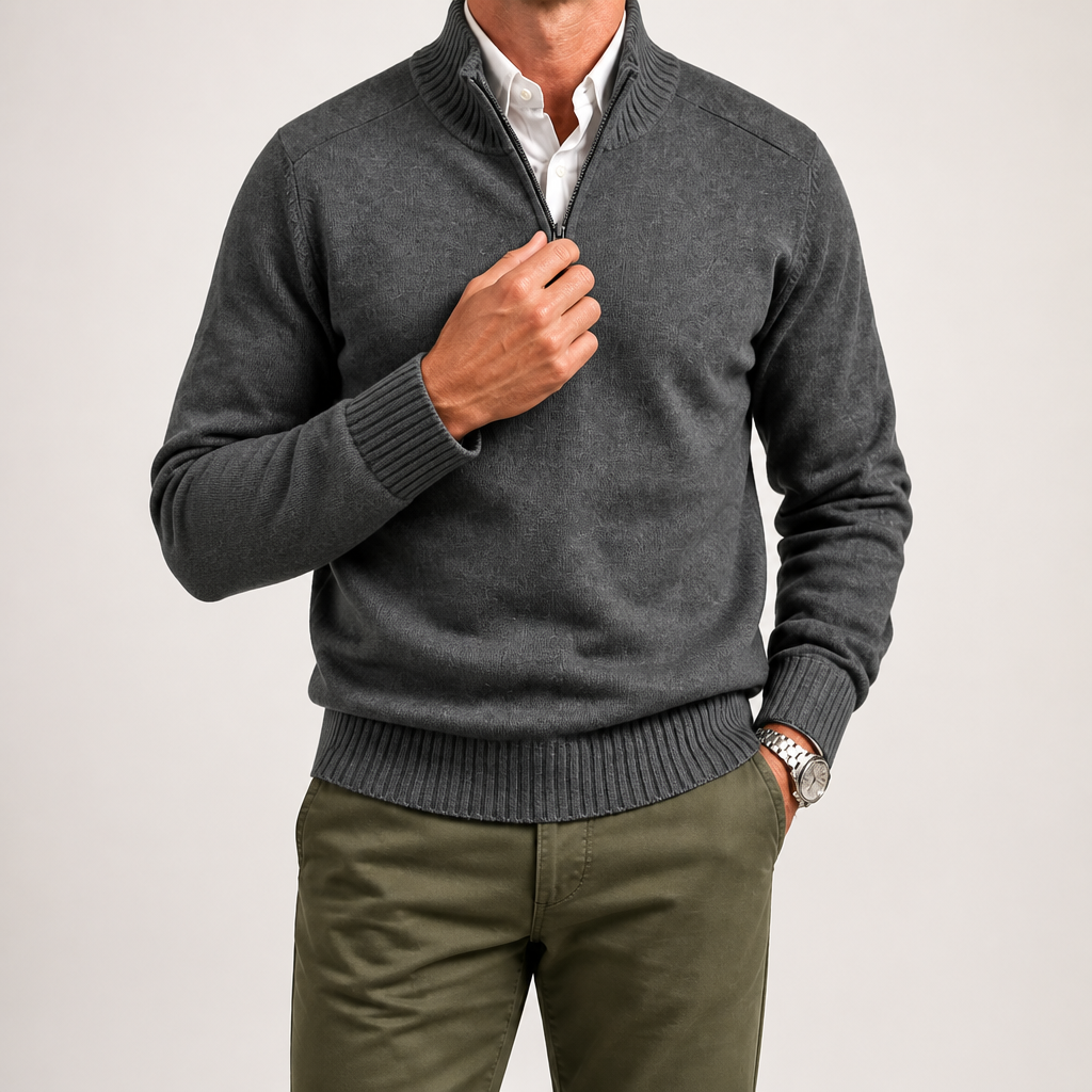 Martin | Mens Knit Sweater Stand Collar Warm Winter Casual Pullover, Dark Gray