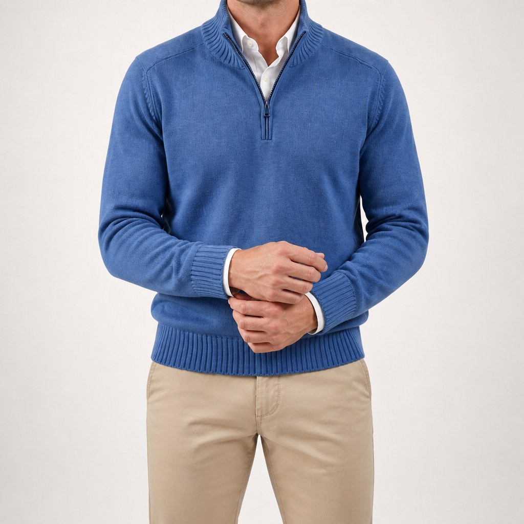 Martin | Mens Knit Sweater Stand Collar Warm Winter Casual Pullover, Blue