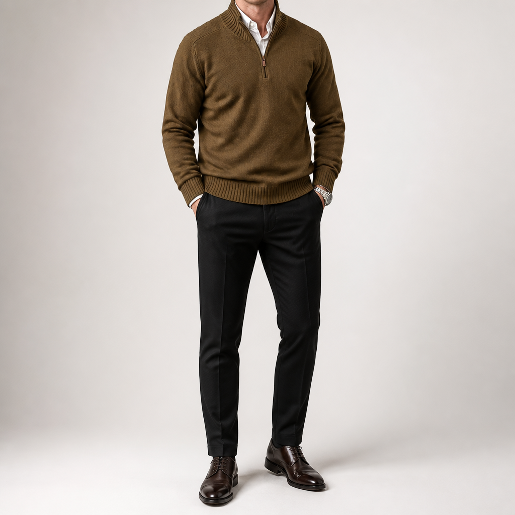 Martin | Mens Knit Sweater Stand Collar Warm Winter Casual Pullover, Coffee