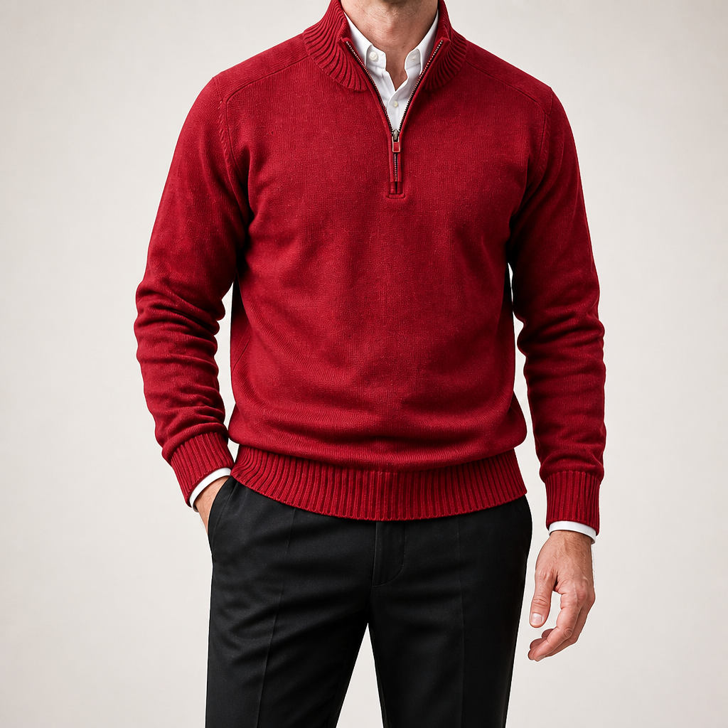Martin | Mens Knit Sweater Stand Collar Warm Winter Casual Pullover, Red