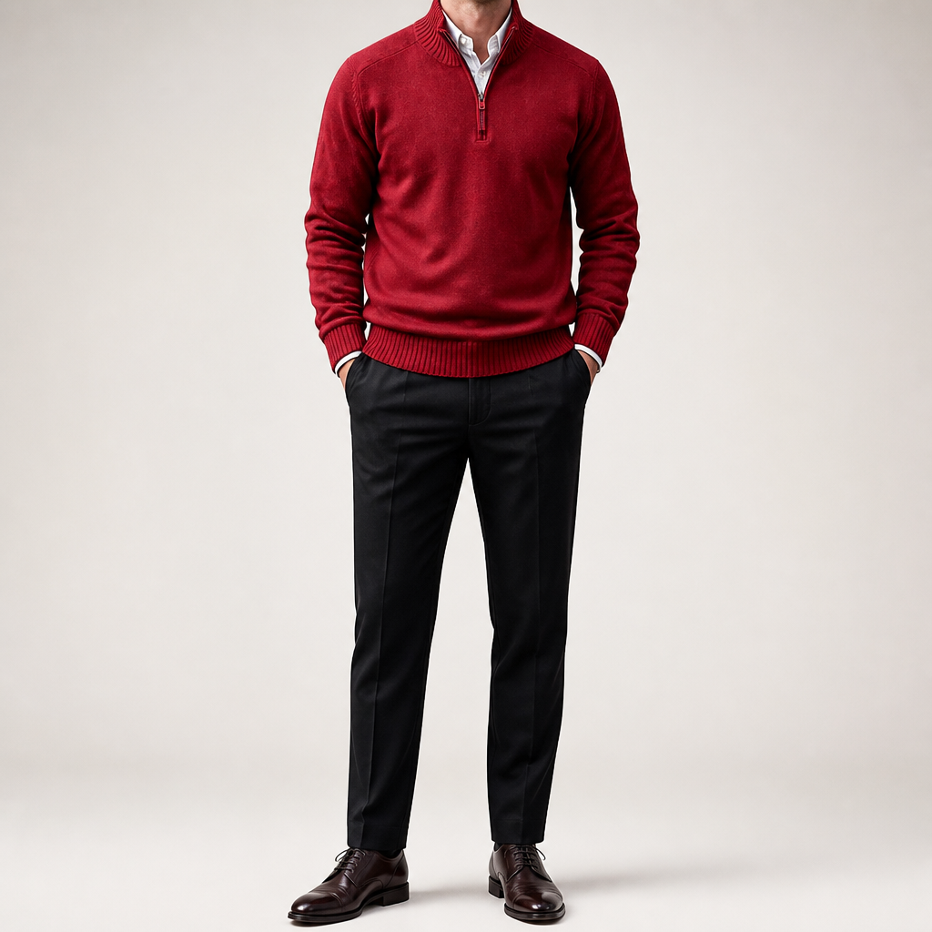 Martin | Mens Knit Sweater Stand Collar Warm Winter Casual Pullover, Red