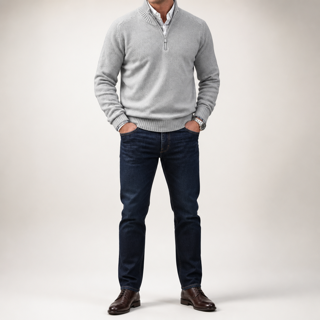 Martin | Mens Knit Sweater Stand Collar Warm Winter Casual Pullover, Light Gray