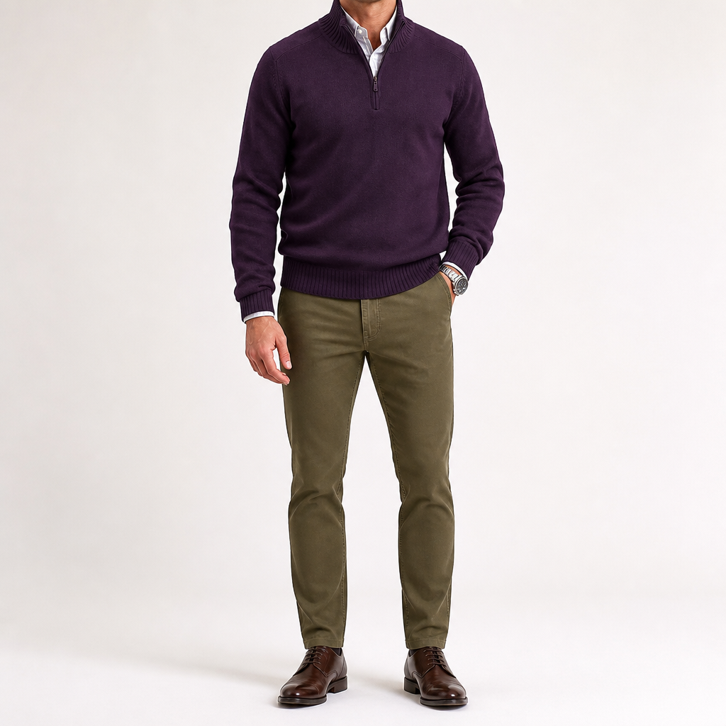 Martin | Mens Knit Sweater Stand Collar Warm Winter Casual Pullover, Dark Purple