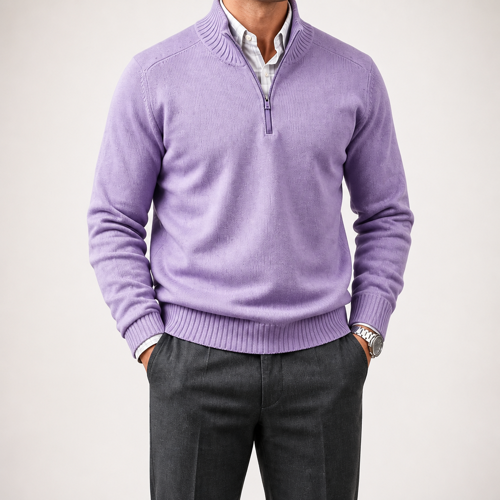 Martin | Mens Knit Sweater Stand Collar Warm Winter Casual Pullover, Purple