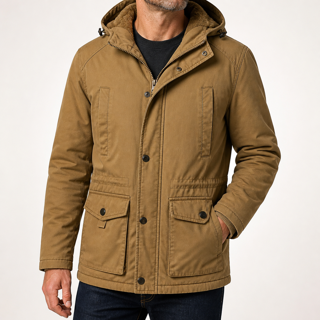 Marvin | Mens Fleece Lined Hooded Winter Workwear Work Jacket, Khaki