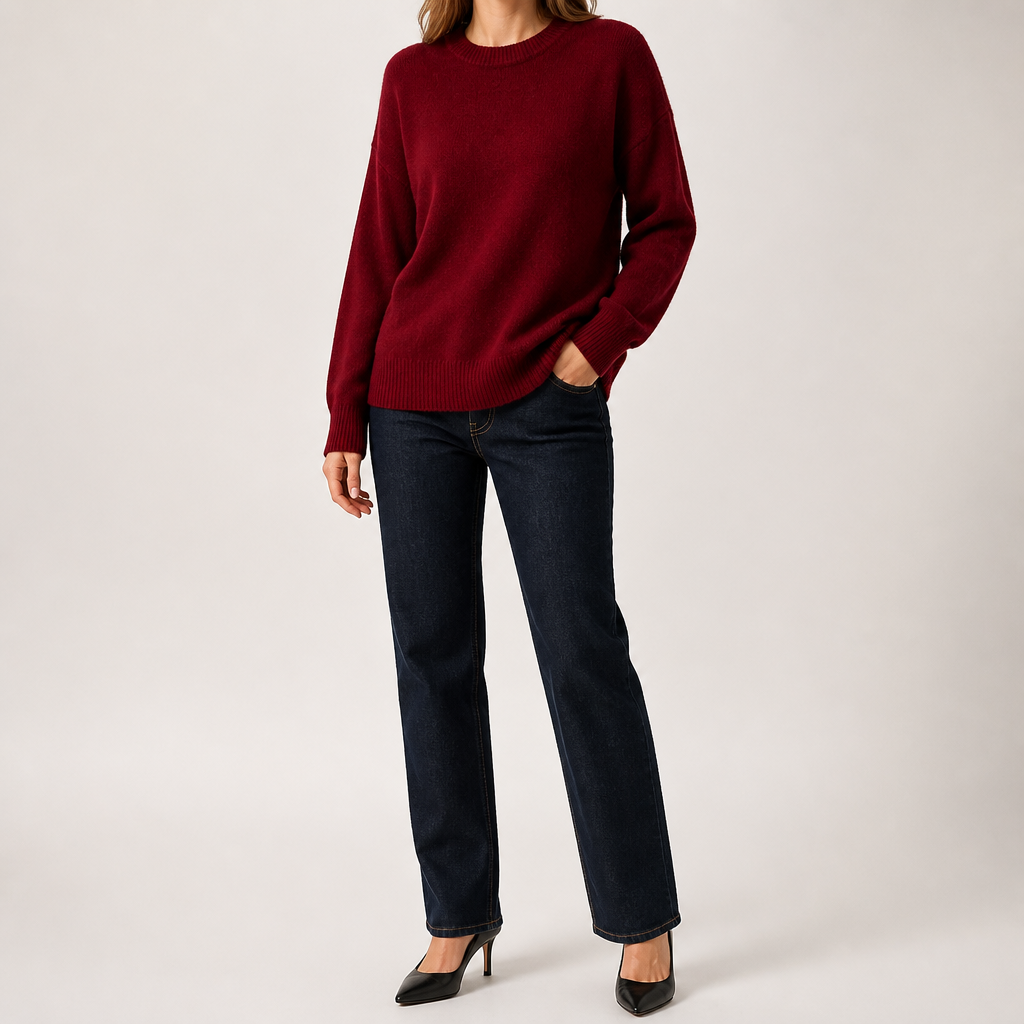 Maura | Womens Loose Round Neck Knit Pullover Sweater, Wine Red