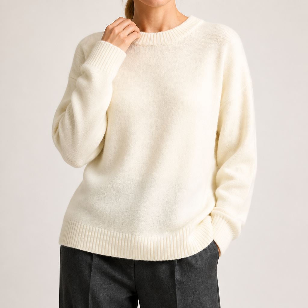 Maura | Womens Loose Round Neck Knit Pullover Sweater, Off White