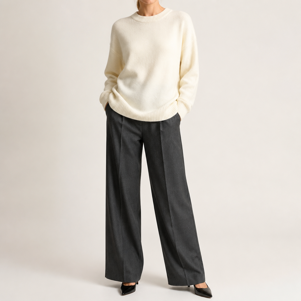 Maura | Womens Loose Round Neck Knit Pullover Sweater, Off White