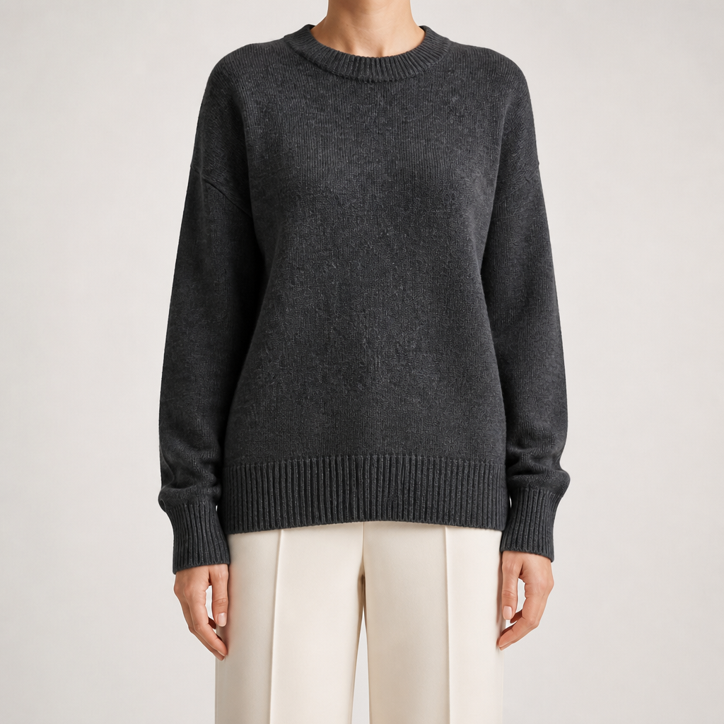 Maura | Womens Loose Round Neck Knit Pullover Sweater, Dark Grey