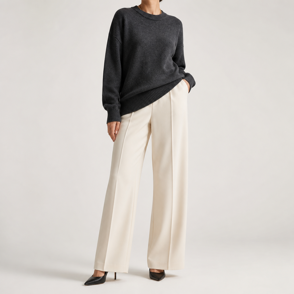 Maura | Womens Loose Round Neck Knit Pullover Sweater, Dark Grey