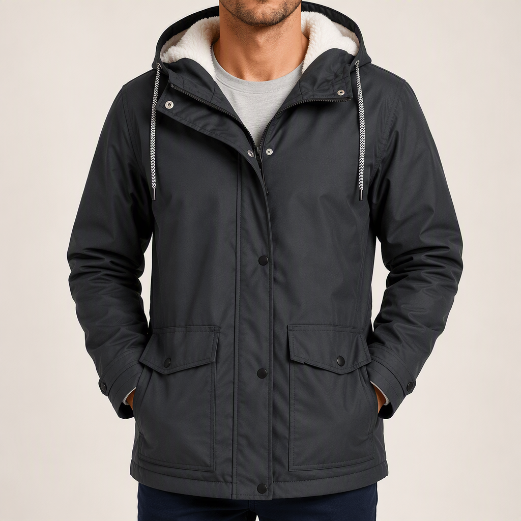 Maxwell | Mens Waterproof Fleece Lined Hooded Winter Rain Jacket, Dark Grey
