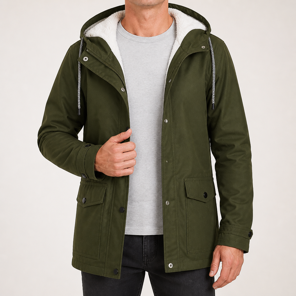 Maxwell | Mens Waterproof Fleece Lined Hooded Winter Rain Jacket, Army Green