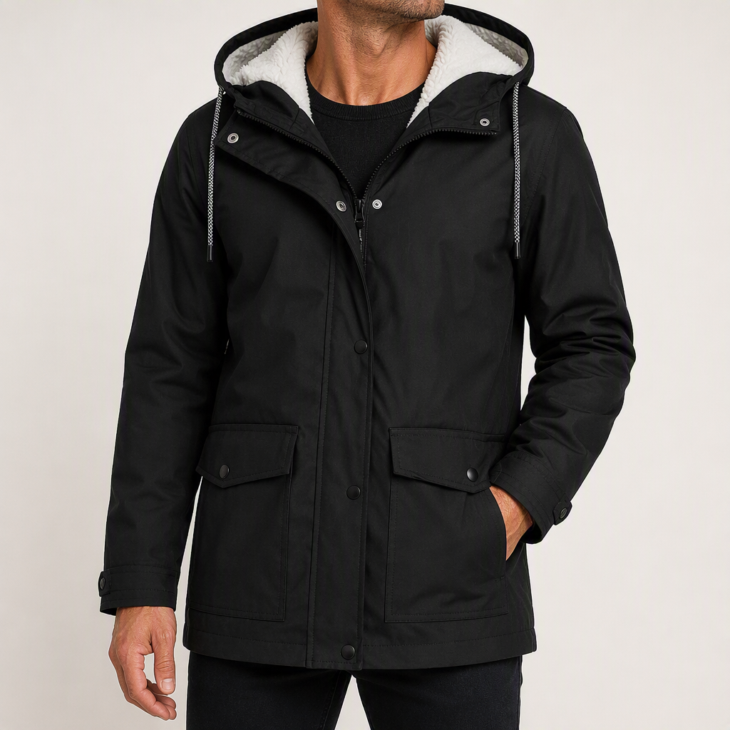 Maxwell | Mens Waterproof Fleece Lined Hooded Winter Rain Jacket, Black