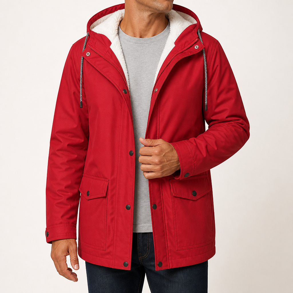 Maxwell | Mens Waterproof Fleece Lined Hooded Winter Rain Jacket, Red