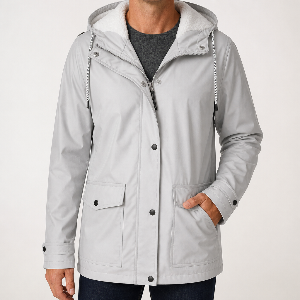 Maxwell | Mens Waterproof Fleece Lined Hooded Winter Rain Jacket, Light Grey