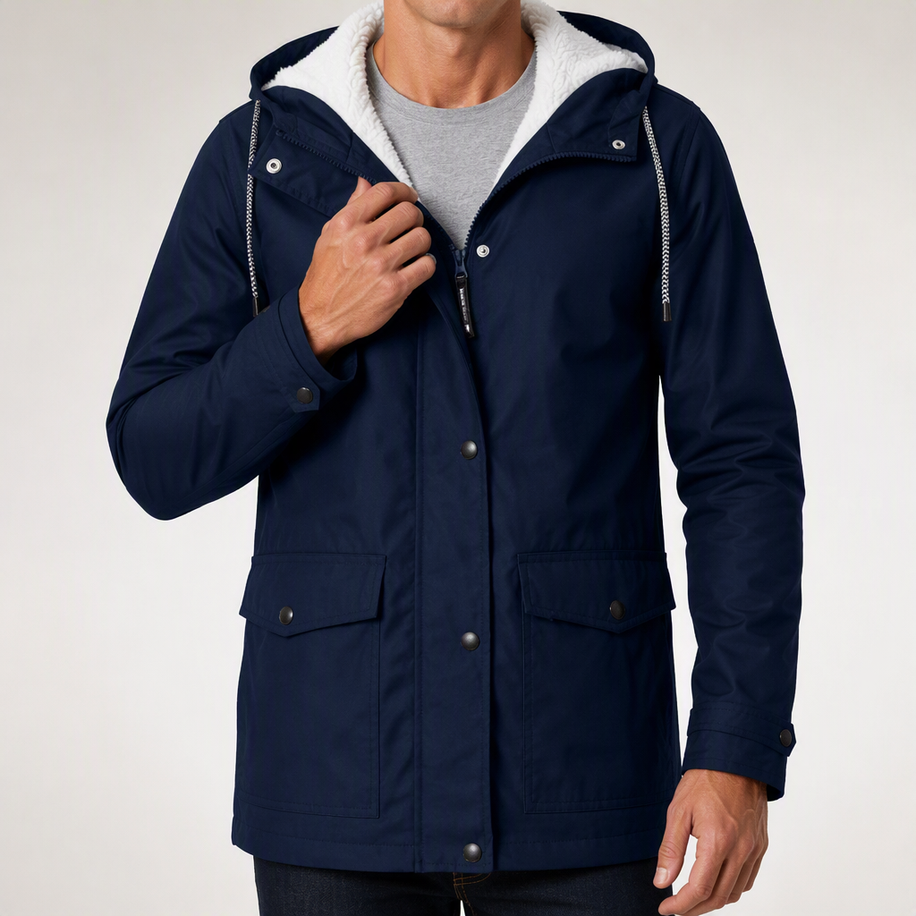 Maxwell | Mens Waterproof Fleece Lined Hooded Winter Rain Jacket, Navy Blue