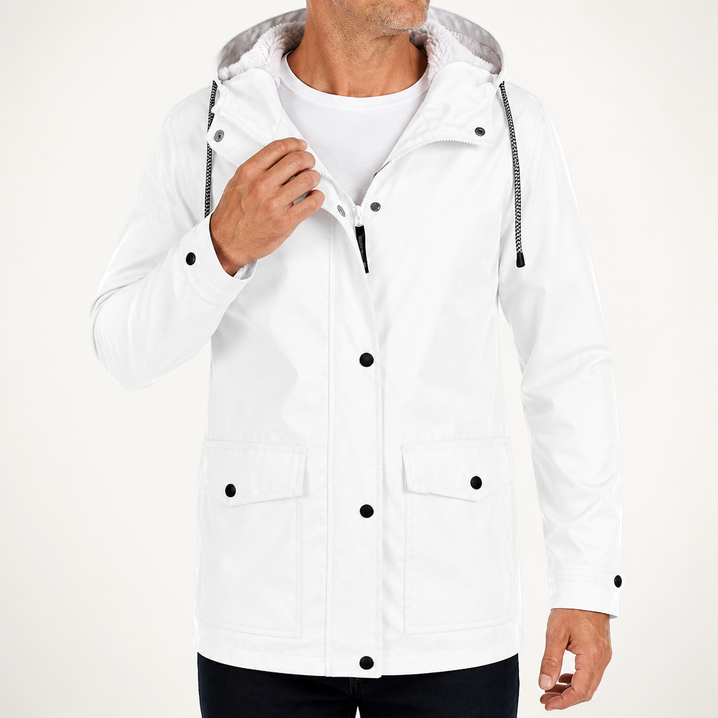 Maxwell | Mens Waterproof Fleece Lined Hooded Winter Rain Jacket, White
