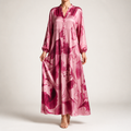 Megan | Womens Printed Long Sleeve V Neck Loose Flowy Maxi Dress, Rose Red