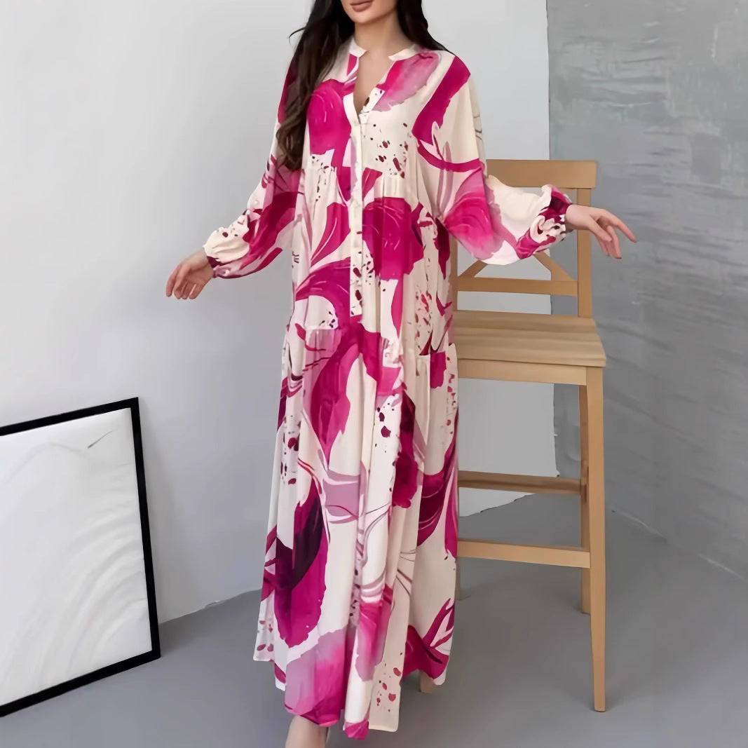 Megan | Womens Printed Long Sleeve V Neck Loose Flowy Maxi Dress