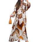 Megan | Womens Printed Long Sleeve V Neck Loose Flowy Maxi Dress