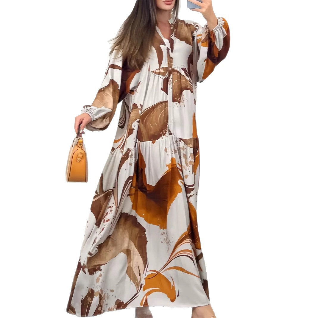 Megan | Womens Printed Long Sleeve V Neck Loose Flowy Maxi Dress