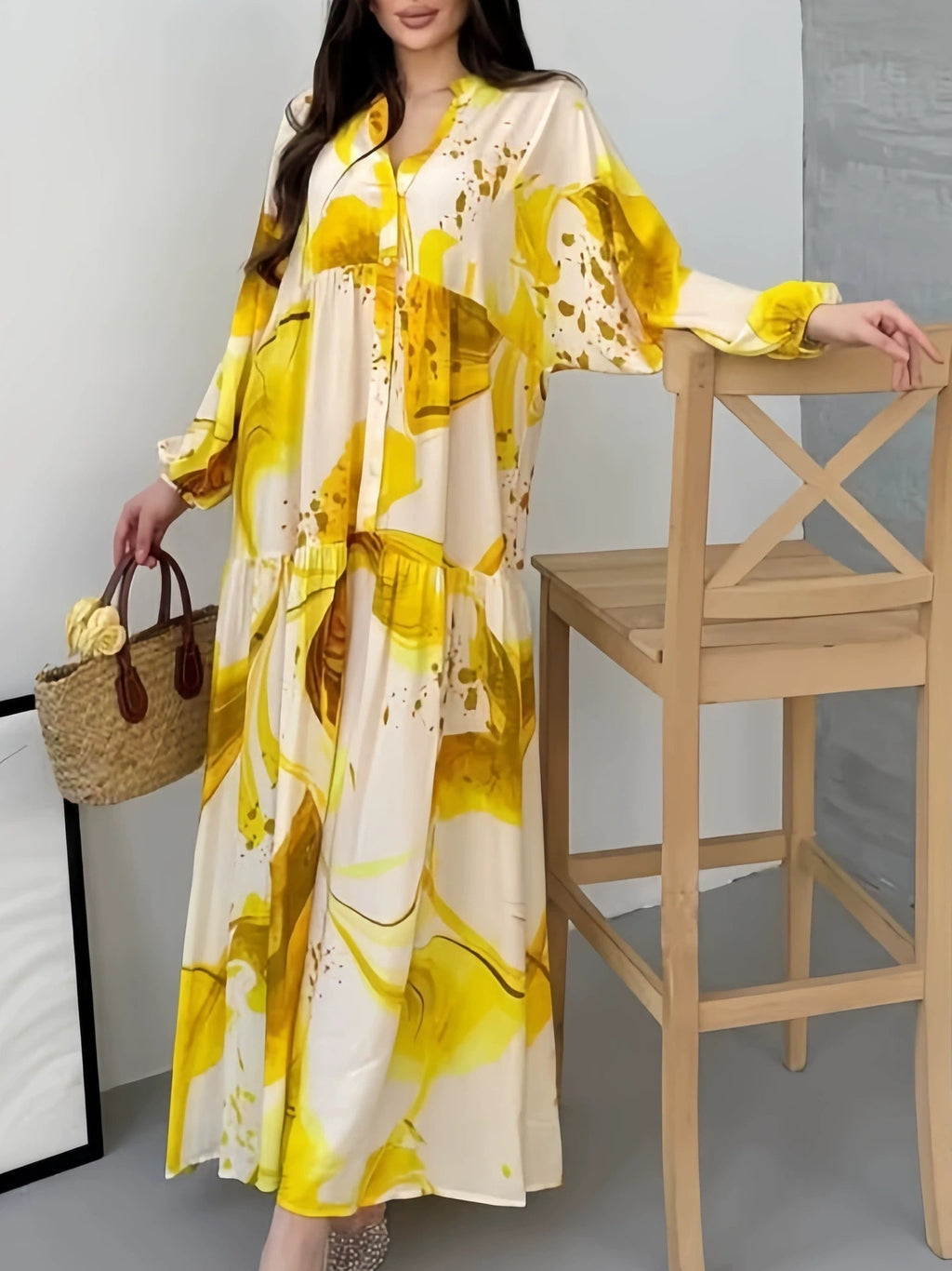 Megan | Womens Printed Long Sleeve V Neck Loose Flowy Maxi Dress