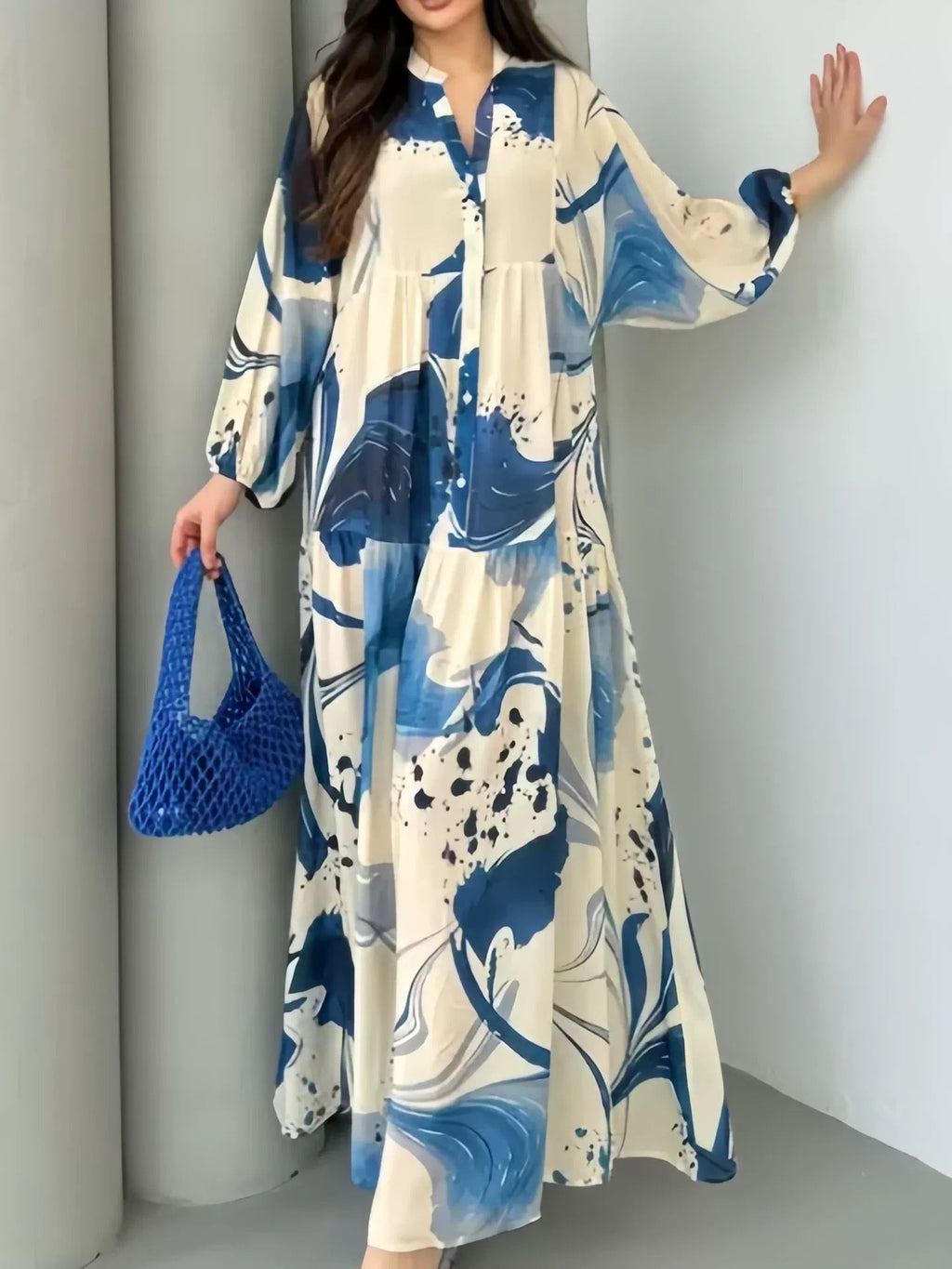 Megan | Womens Printed Long Sleeve V Neck Loose Flowy Maxi Dress