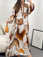 Megan | Womens Printed Long Sleeve V Neck Loose Flowy Maxi Dress
