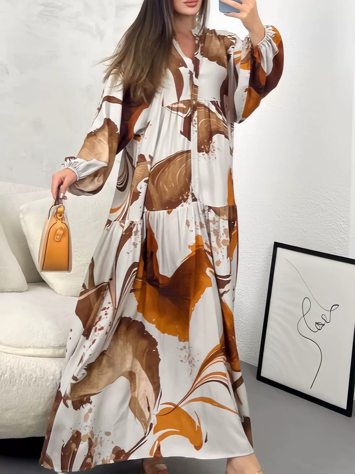 Megan | Womens Printed Long Sleeve V Neck Loose Flowy Maxi Dress
