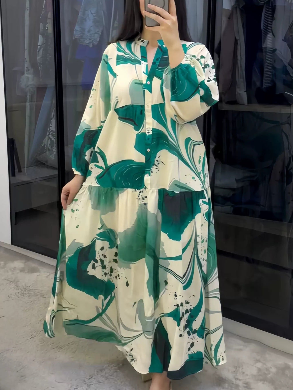 Megan | Womens Printed Long Sleeve V Neck Loose Flowy Maxi Dress
