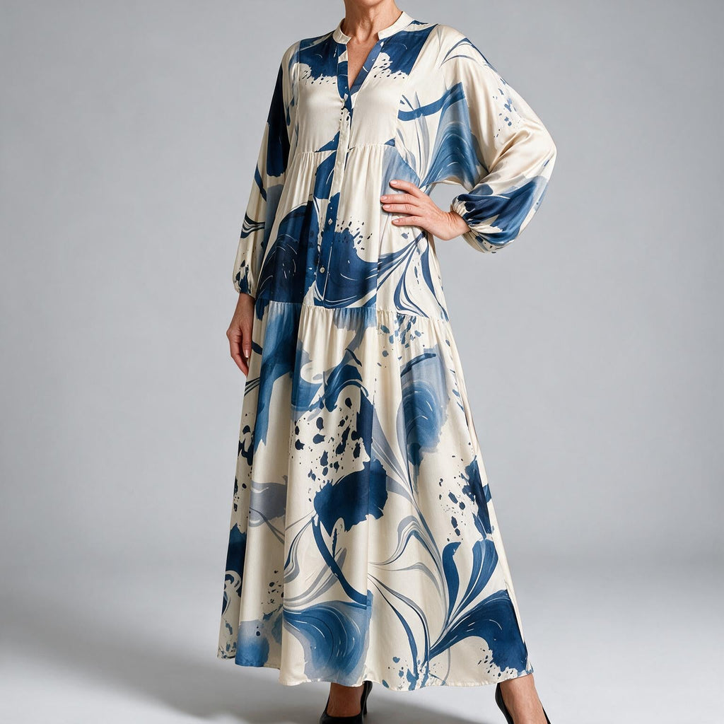 Megan | Womens Printed Long Sleeve V Neck Loose Flowy Maxi Dress