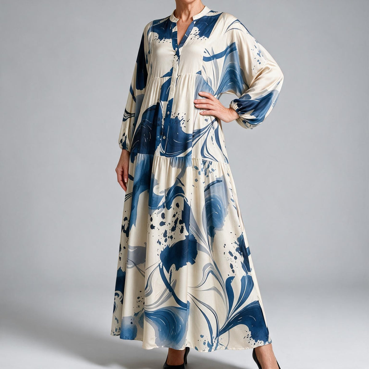 Megan | Womens Printed Long Sleeve V Neck Loose Flowy Maxi Dress