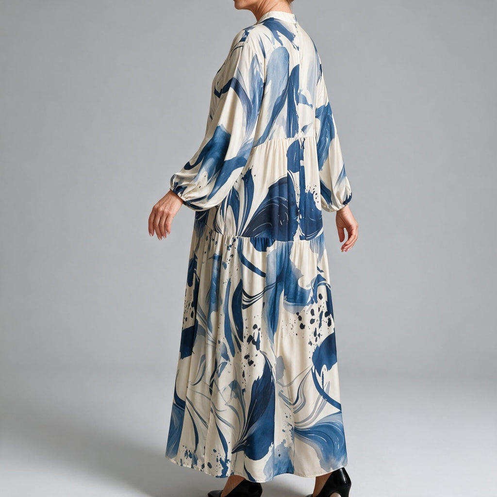 Megan | Womens Printed Long Sleeve V Neck Loose Flowy Maxi Dress