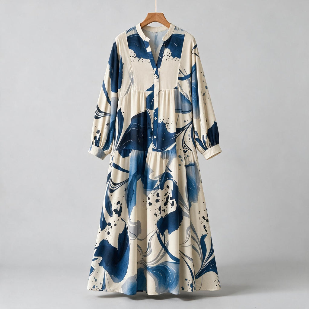 Megan | Womens Printed Long Sleeve V Neck Loose Flowy Maxi Dress