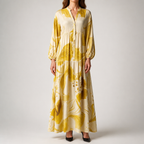 Megan | Womens Printed Long Sleeve V Neck Loose Flowy Maxi Dress, Yellow