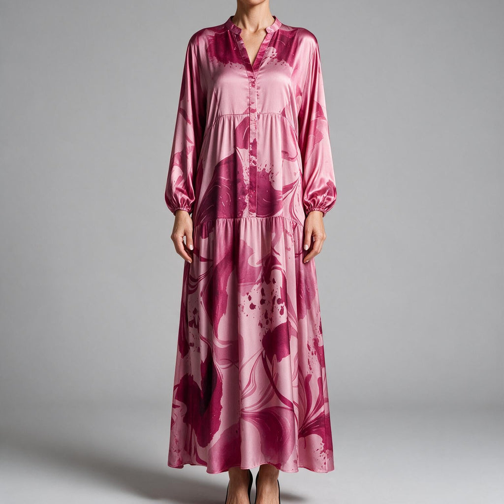 Megan | Womens Printed Long Sleeve V Neck Loose Flowy Maxi Dress