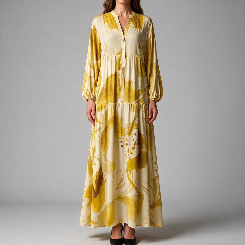 Megan | Womens Printed Long Sleeve V Neck Loose Flowy Maxi Dress