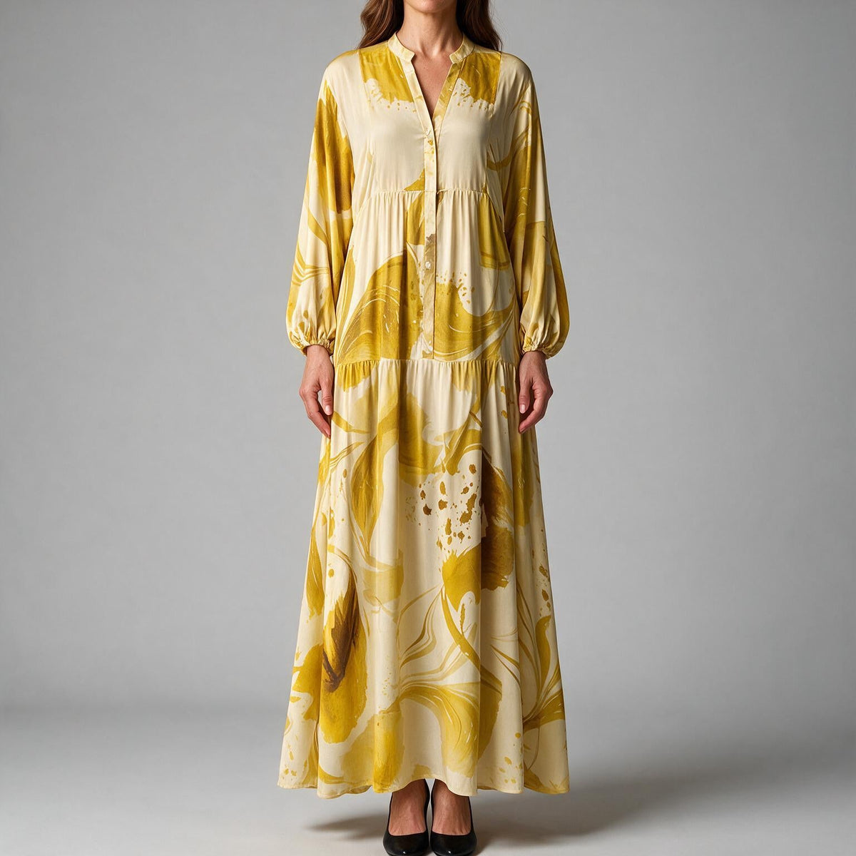 Megan | Womens Printed Long Sleeve V Neck Loose Flowy Maxi Dress