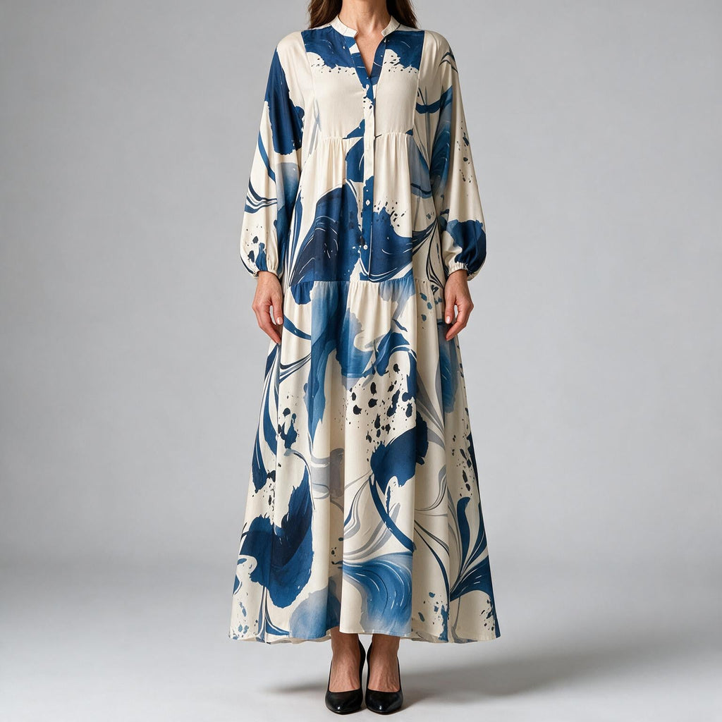 Megan | Womens Printed Long Sleeve V Neck Loose Flowy Maxi Dress