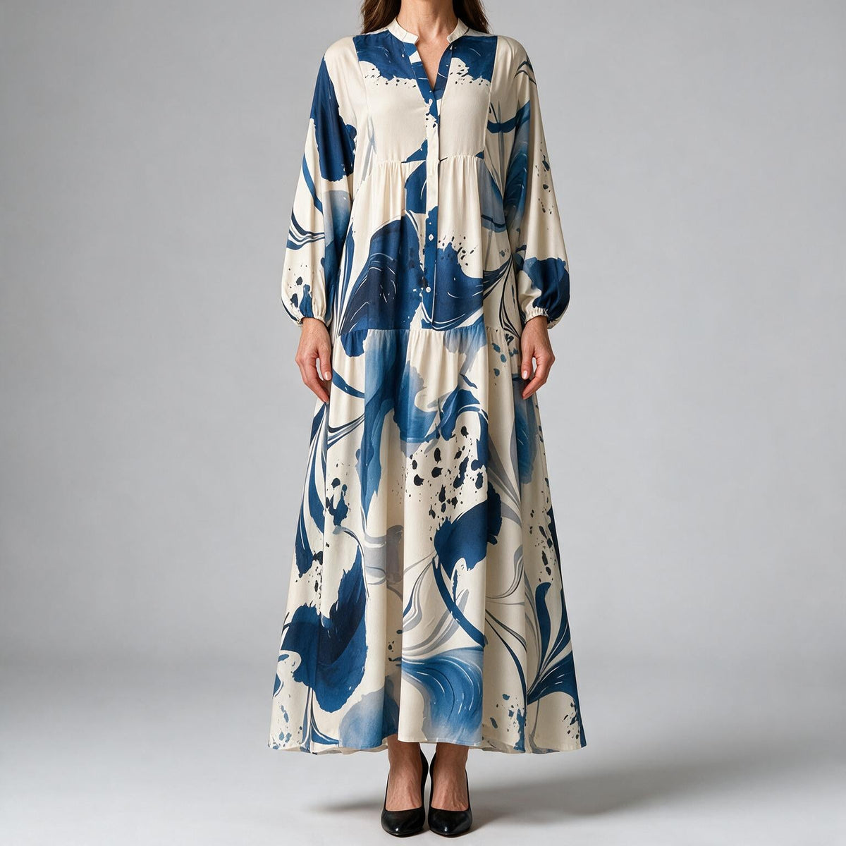 Megan | Womens Printed Long Sleeve V Neck Loose Flowy Maxi Dress